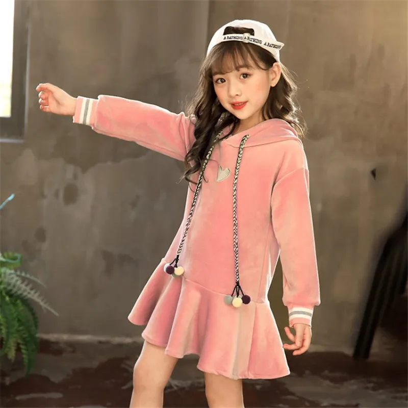 Платье для девочек-подростков; зимний теплый свитер с капюшоном; вельветовые Детские платья-пачки для девочек; платье принцессы; Vestido; детская одежда; платья - Цвет: Розовый