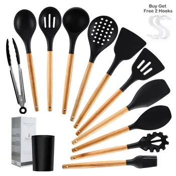 

12/13 pcs Silicone Cooking Tools Kitchen Utensils Set With Storage Box Turner Tongs Spatula with Wood Handle Nonstick Cookware