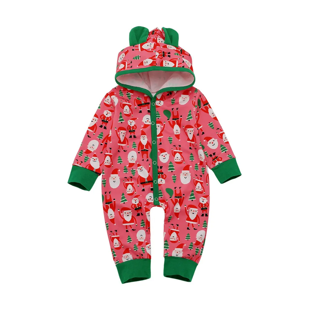 Комбинезон с капюшоном и принтом для новорожденных и маленьких девочек; комбинезон; одежда для рождественских праздников; Одежда для новорожденных; Рождественская одежда - Цвет: Красный
