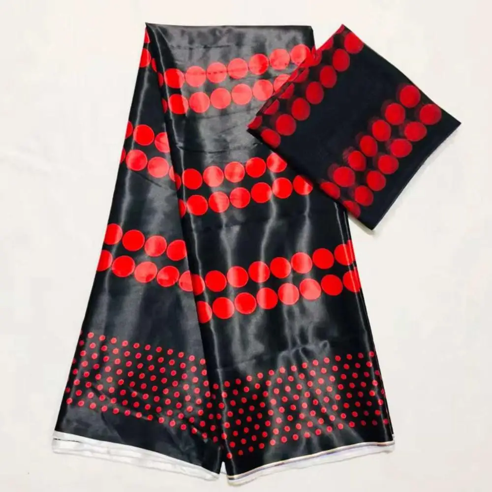 

african silk wax fabric 2019 silk wax fabric black &red print Fabrics satin silk wax with chiffon lace set for party dress SM30