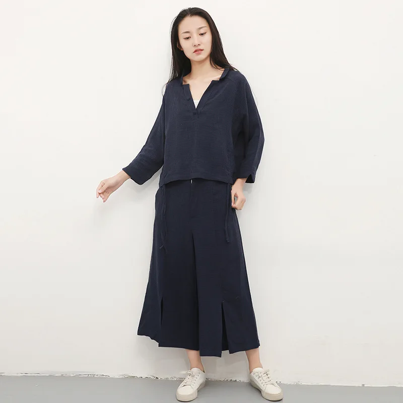 

Set WOMEN'S Dress 2019 Spring And Summer New Style Korean-style Fashion Deep-V Cotton Linen WOMEN'S Top Loose Pants Two-Piece Se