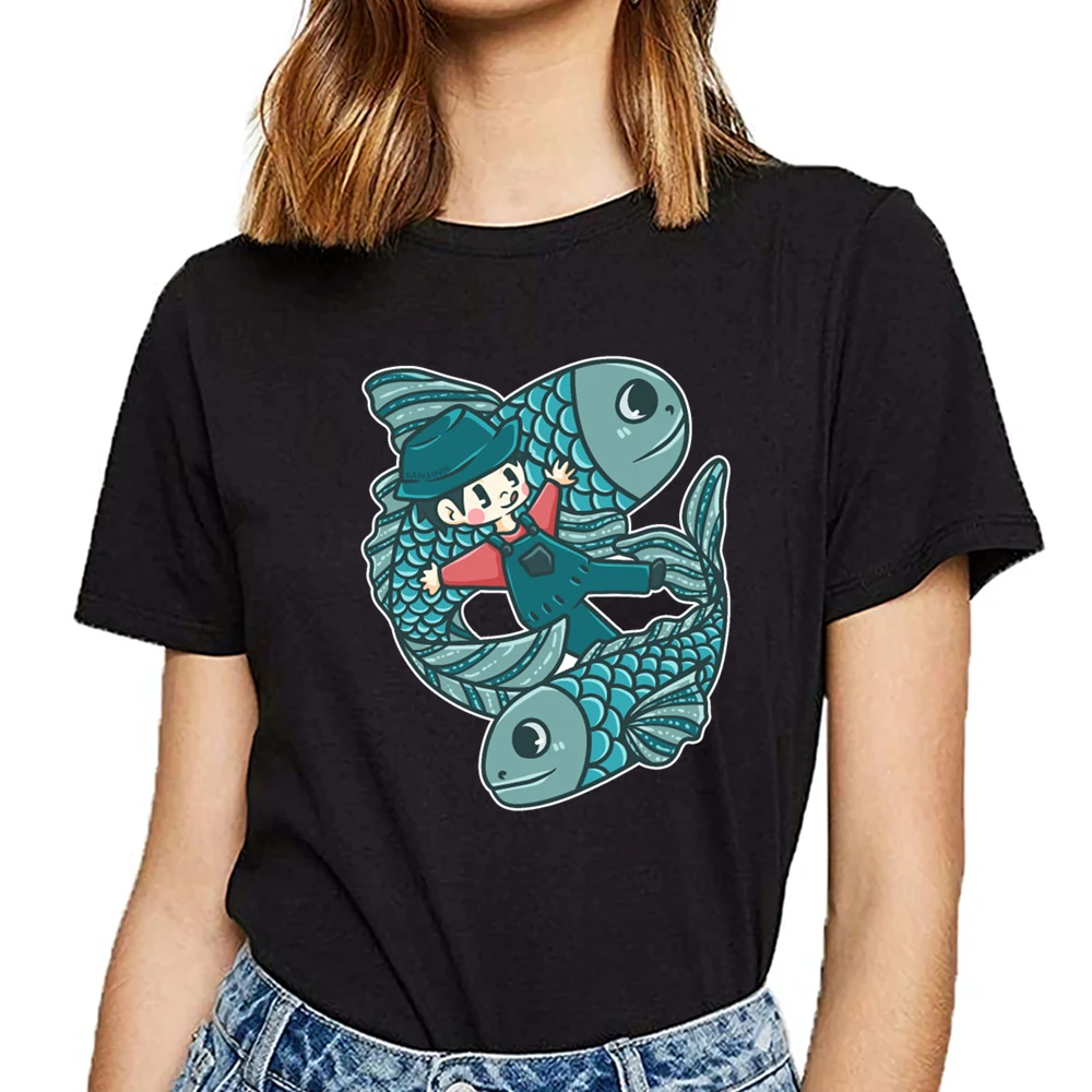 Tops T Shirt Women fishing fish lake river pond fin bait present Basic Vintage Cotton Female Tshirt | Женская одежда