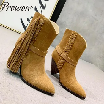 

Prowow New Tan Genuine Leather Fringe Ankle Boots Sexy Pointed Toe Spikle Heel Autumn Winter Boots Zapatos Mujer