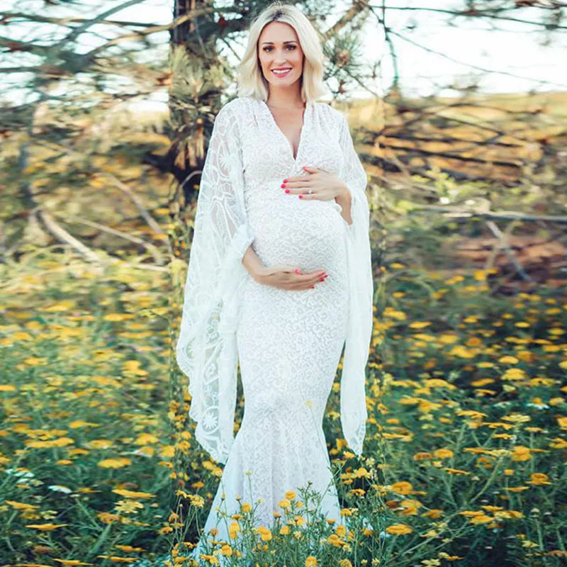 

Pagoda Sleeve Lace Maternity Dresses For Photo Shoot White Pregnancy Dress Photography Maternity Photography Props Sexy Dress