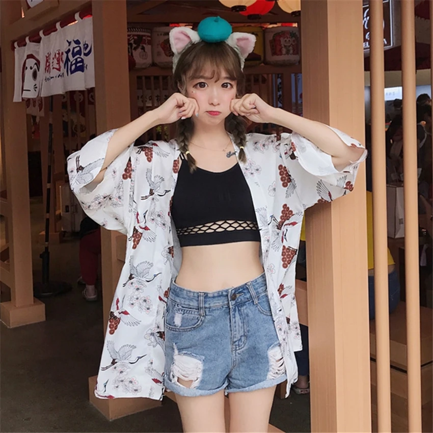 Harajuku японский модный стиль кимоно юката женский летний кардиган с цветочным
