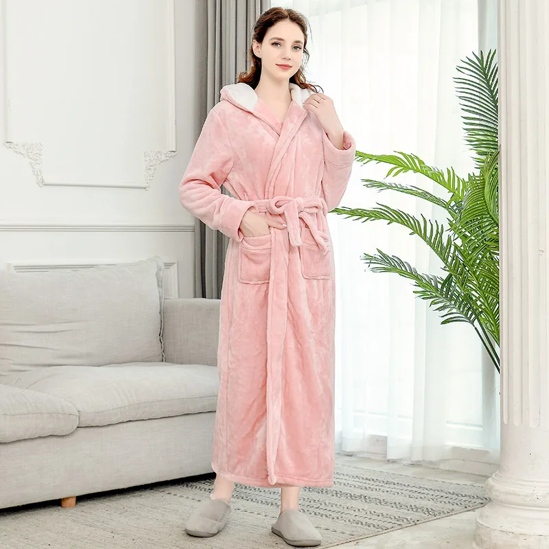 Pink Пижамы для влюбленных, фланелевый теплый халат, одежда для сна из чистого хлопка с длинным рукавом, женские зимние коралловые бархатные халаты с капюшоном ouc615a - Цвет: Pink