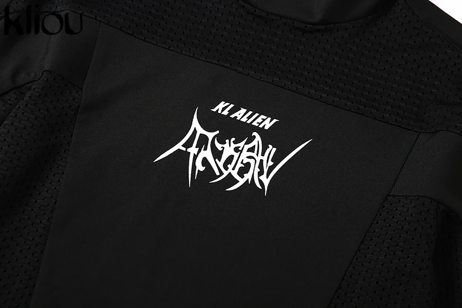 Kliou Высококачественная однотонная черная футболка с надписью, тонкая Мягкая сетчатая ткань, Лоскутная футболка, топ, повседневный стрейчевый спортивный топ для фитнеса