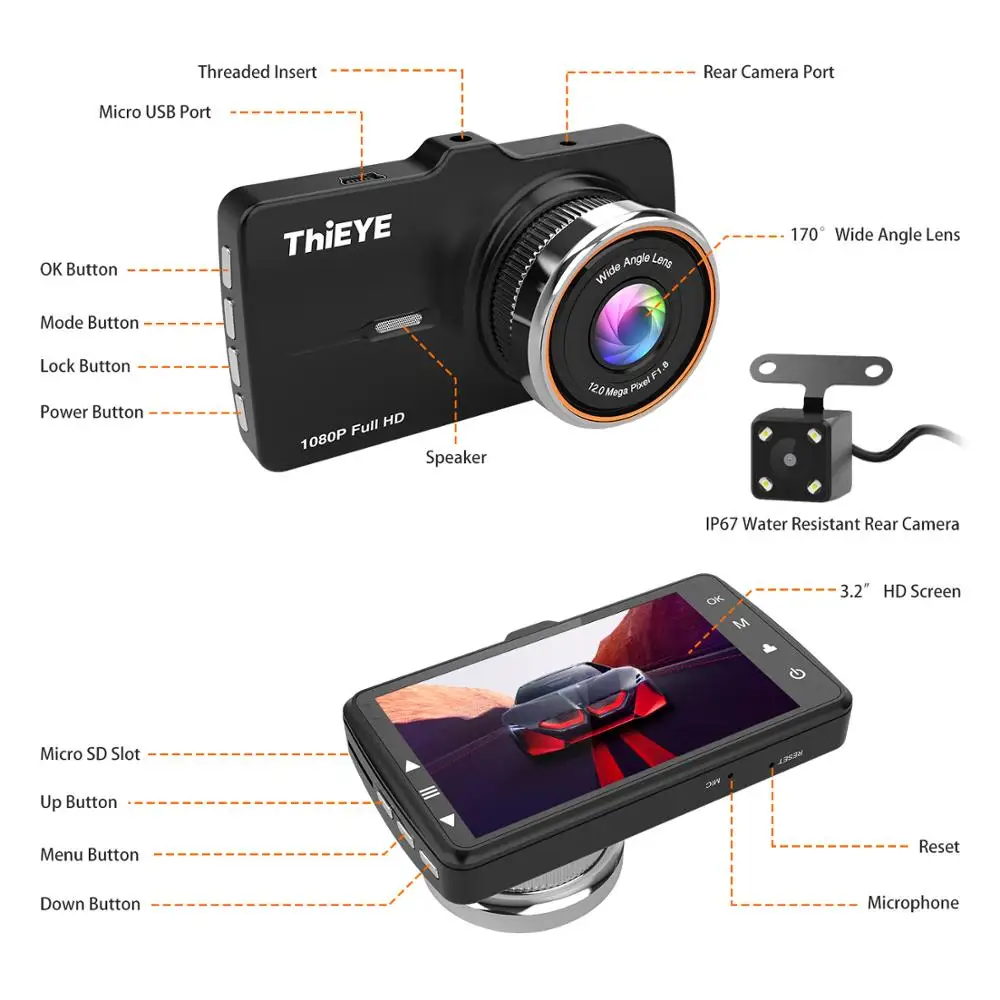 ThiEYE Carbox 5R Dash Cam Real 1080P Full HD фронтальная камера с 720P HD IP67 водостойкая задняя камера с двумя объективами Автомобильный регистратор