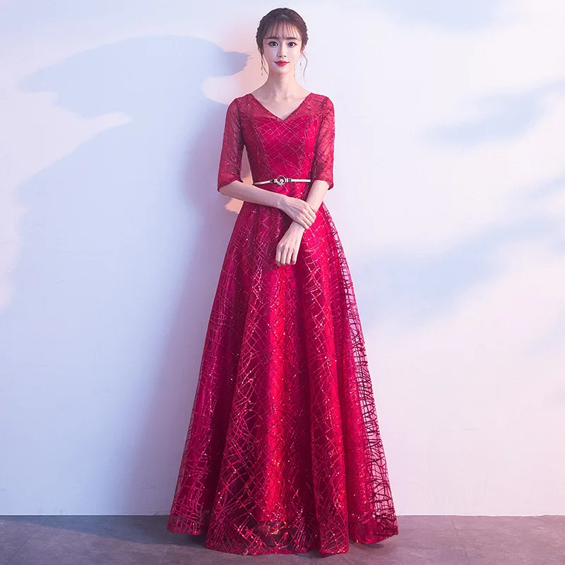 Women's Vintage V Neck Half Sleeve Swing Long Formal Dress Sequin Chorus Evening Party Maxi Dresses | Женская одежда
