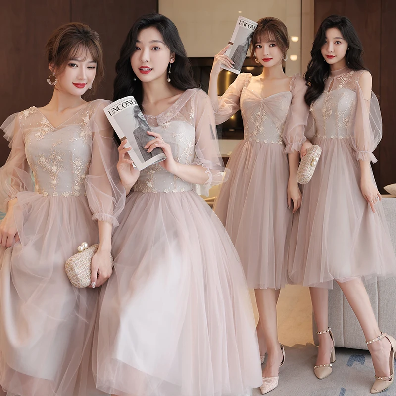 4 Styles Bridesmaid Dress For Wedding Pink Mesh Sleeve Midi Length Party Dress Tulle A-Line Gowns Girls Sister Banquet Dresses