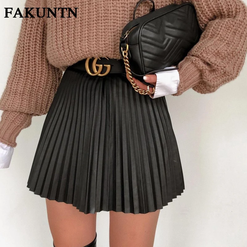 

FAKUNTN Women's Pleated Skirt 2020 Autumn Winter Fashion Streetwear Casual Simple Black Ladies High Waist Sexy Mini A-line Skirt