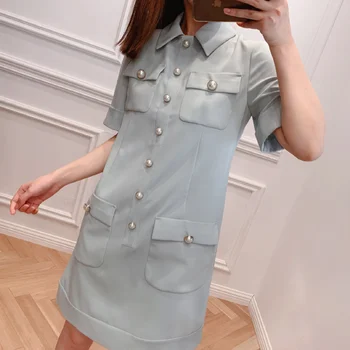 

Women' Short Sleeve Dress Pearl Buckle Turn down Collar Dress Casual With Pockets Spring Autumn