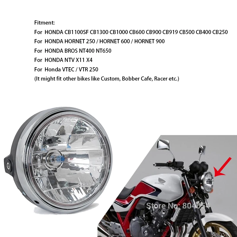 Галогенный налобный фонарь круглый хромированный в сборе для Honda CB 400 600 900 919 1000