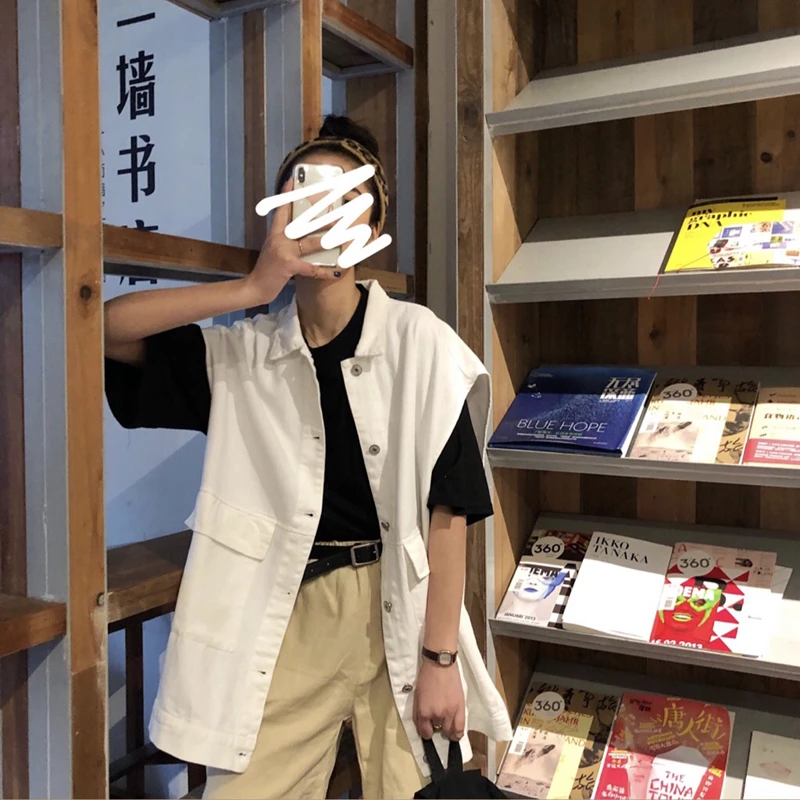 Осень harajuku BF стиль жилет пальто мода крутая уличная карманы куртки без рукавов черный белый