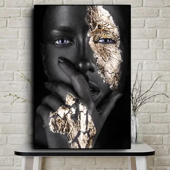 Pintura al óleo sobre lienzo para mujer, arte africano, negro y dorado, Cuadros, carteles e impresiones, cuadro de arte de pared escandinavo para sala de estar