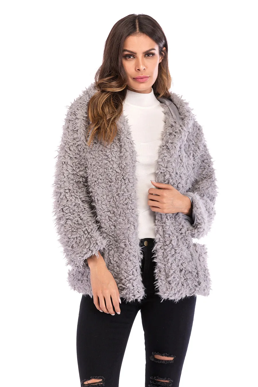 Casual Autumn Winter Teddy Coat Women Long Sleeve Pocket Loose Fluffy Jacket Warm Faux Fur Coat 2019 Short Hooded Overcoat  (11)