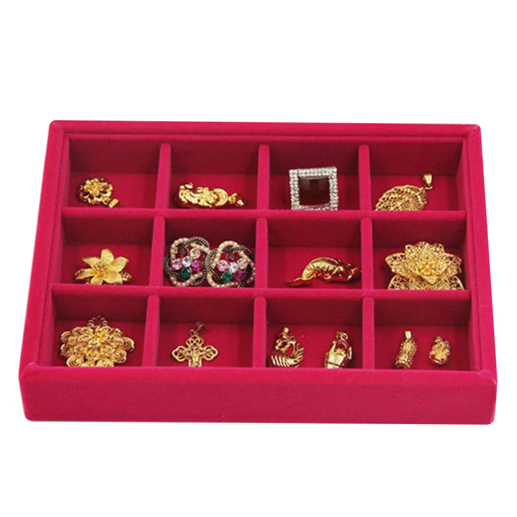 Portable Velvet Fashion Jewelry Ring Earring Insert Display Organizer Box Wooden Flat Stackable Tray Drawer Display Show Case 