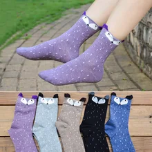 Funny Kawaii Korean Style Fox Pattern Women Cotton Crew Socks Cute Harajuku Gift for Girl Cartoon Animal Casual Purple Designer