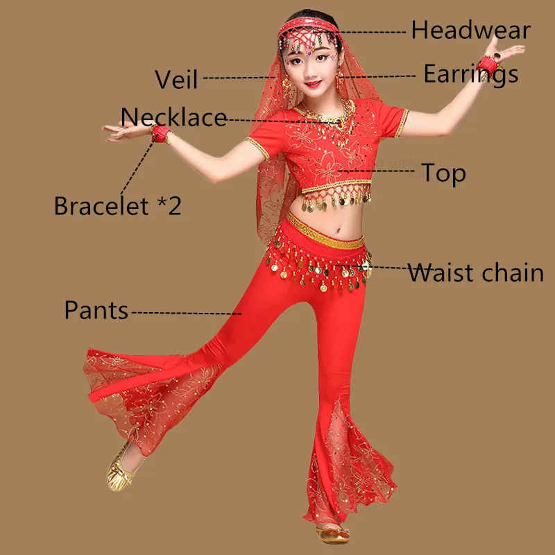 8pcs Red Костюмы для восточных танцев для девочек; египетские Детские костюмы для танца живота; SetEgyptian Bollywood; индийская одежда для танца живота; Индия; 3 цвета - Цвет: 8pcs Red