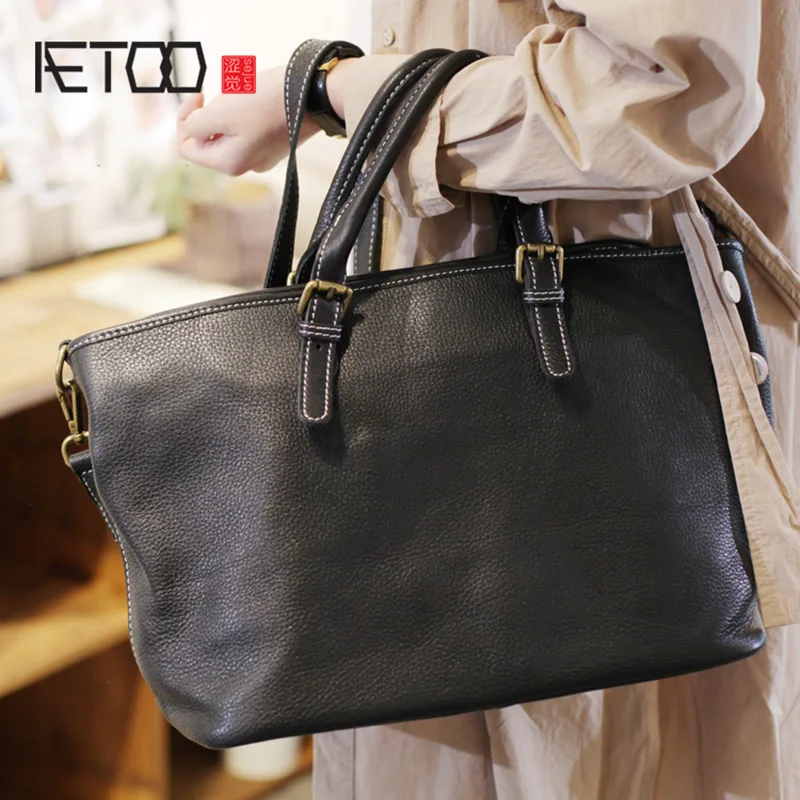 

BJYL black tilt large leather bag, retro one shoulder casual soft leather handbag, large capacity cowhide women bag