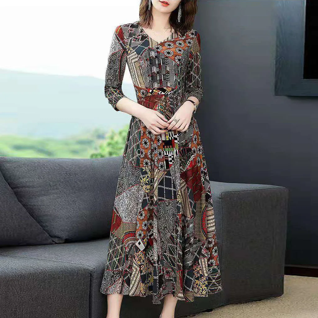 Maxi Dresses For Women Casual Loose V-Neck Three Quarter Sleeve Long Vintage Ladies Floral Print A-line Dress Sukienka | Женская одежда
