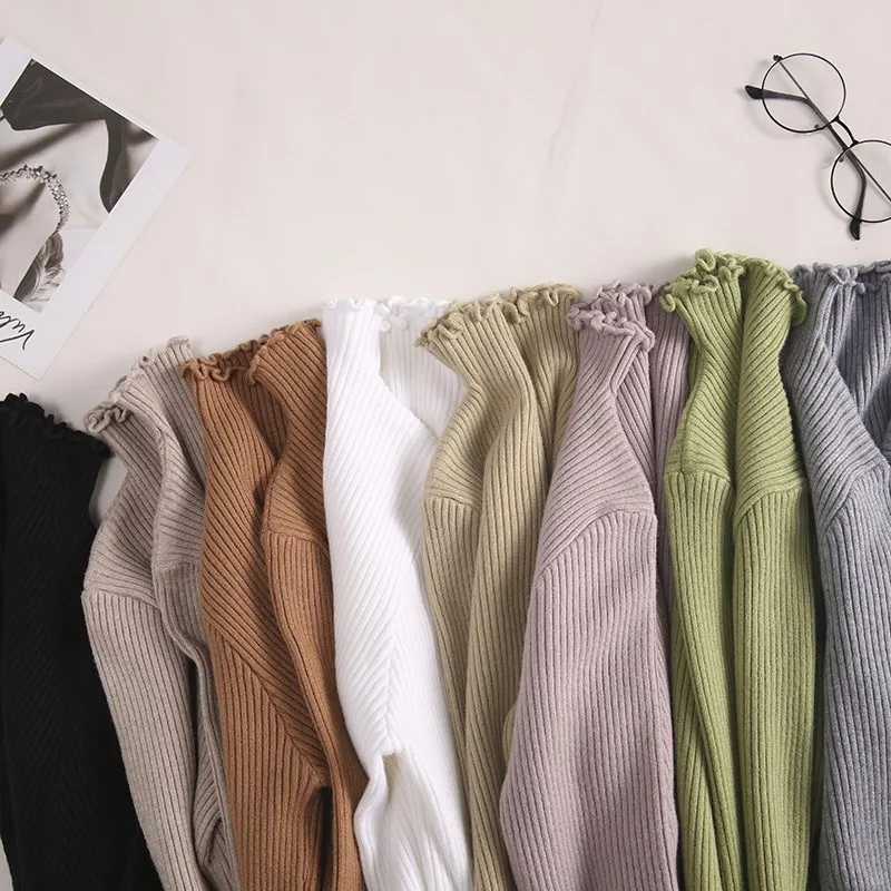 Высокоэластичные одноцветные сексуальные вязаные пуловеры осень зима модный тонкий свитер для женщин водолазка с рюшами женский свитер 6785 50