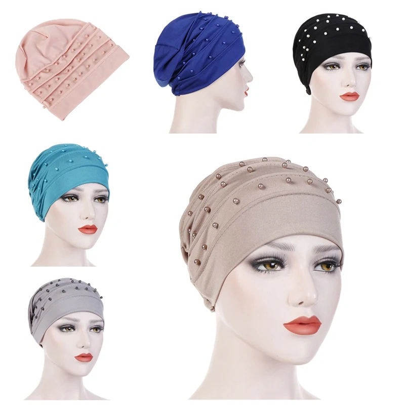 Women Beading India Ruffle Turban Muslim Hat Scarf Headwrap Female Beanie Hijabs Headwear