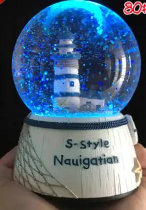 YM 727 Blue Mediterranean sailing snowflake crystal lantern crystal music box - Цвет: 2