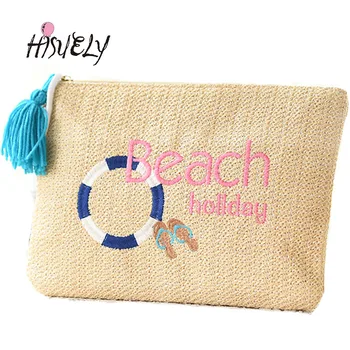 

HISUELY New Embroidery Cactus Banana Swimmer Straw Bag Woven Beach Handbag Women Cute Tassel Purse Wallet Girl Party Gift sac