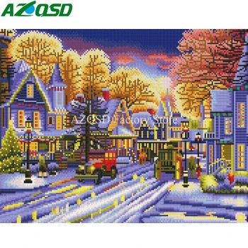 

AZQSD Diamond Painting Winter Scenic LED Light Christmas Gift DIY Full Kits Diamond Embroidery Sale Park Framed Wall Art