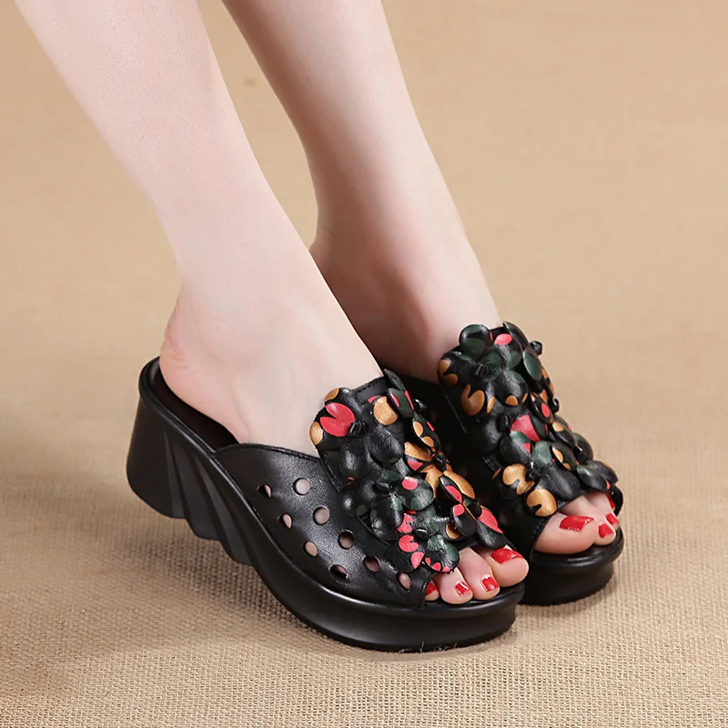 

Ethnic-Style Slipper Flower WOMEN'S Sandals Muffin Thick Bottomed Waterproof Platform Retro High-Heel Genuine Leather Slanted He