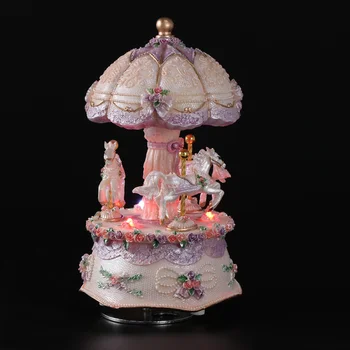 

Luxury Creative Carousel Music Box Resin Color Change LED Light Luminous Rotating 3-horse Merry-Go-Round Music Box Melody Kids G