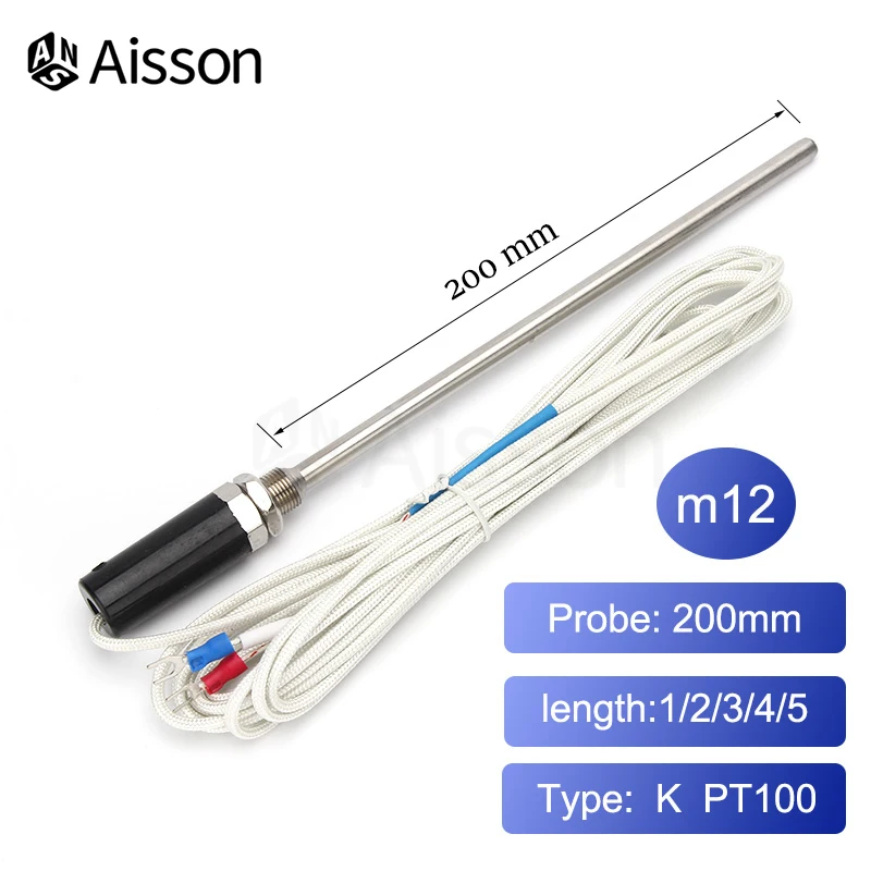 Thermocouple Screw Probe 200mm Thread M12 Type K PT100 Temperature Controller Sensor Length 1/2/3/4/5M 0-600°C | Инструменты