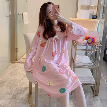 

Women Nightwear Long Sleeved Pyjamas Korean Kawaii Sweet Nightgown Sleepshirts Girls Sleepwear Autumn Nightdress