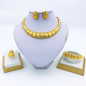 

Liffly Nigeria Elegant Bridal Jewelry Sets Gold Necklace Bracelet Earrings Ring Crystal Jewelry Wedding Fashion Jewelry Set