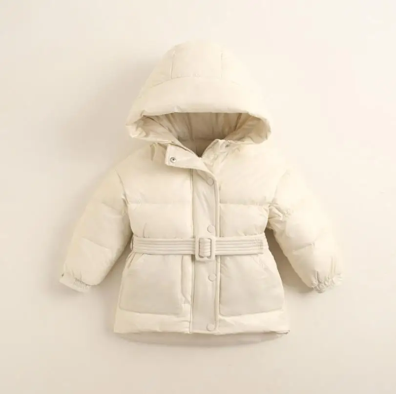 Г., новые зимние детские пуховики с капюшоном Одежда для маленьких мальчиков и девочек Теплые детские пальто средней длины с поясом - Цвет: beige