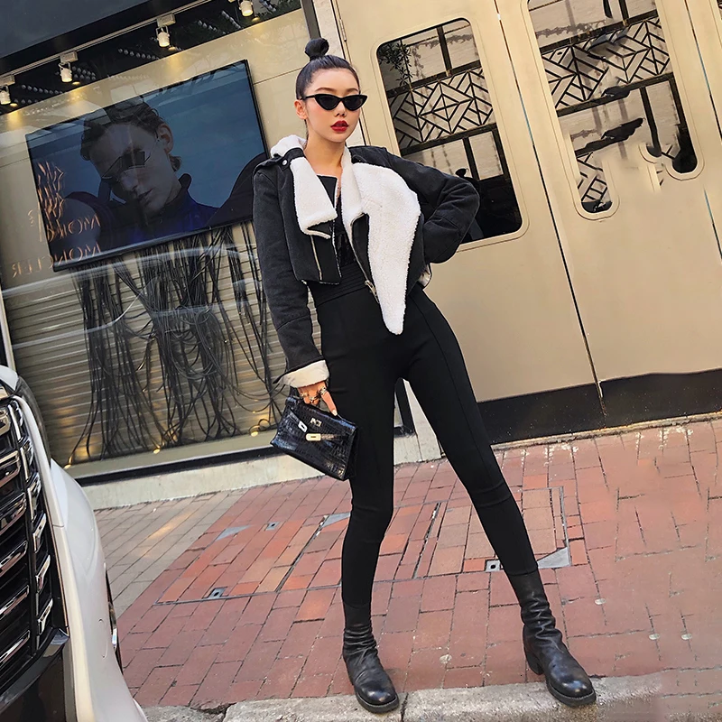 [TVVOVVIN] осень зима Женская мода тренд узор Harajuku черный короткий прямой деним плюс бархат шерстяная куртка