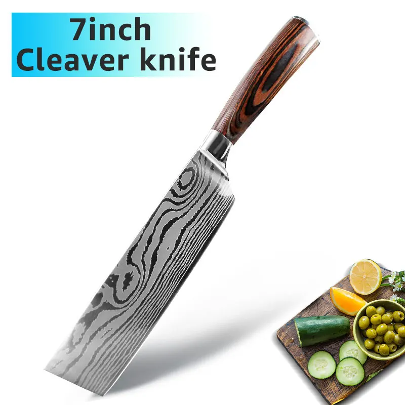 7inch Cleaver Кухонный нож, 9 комплектов, поварские ножи, 7CR17 440C, высокоуглеродистая Нержавеющая сталь, дамасский рисунок, Gyuto, Кливер, набор, слайсер, нож сантоку - Цвет: 7inch Cleaver