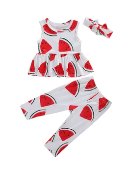 

2020 0-3Y Toddler Baby Girl Cute Summer Watermolon Print Sleeveless Tops Dress+Long Pants Headband Cotto Kids Clothing Set