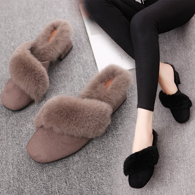 

Plush Slipper Women's 2017 Autumn And Winter New Style Comfortable Versitile Fashion Closed-toe Chunky-Heel Semi-high Heeled Sem