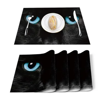 

Close-Up Of Black Cat'S Blue Eyes Placemat Washable Cotton Linen Table Cloth Pad Mat Rectangle Placemats Heat Resistant