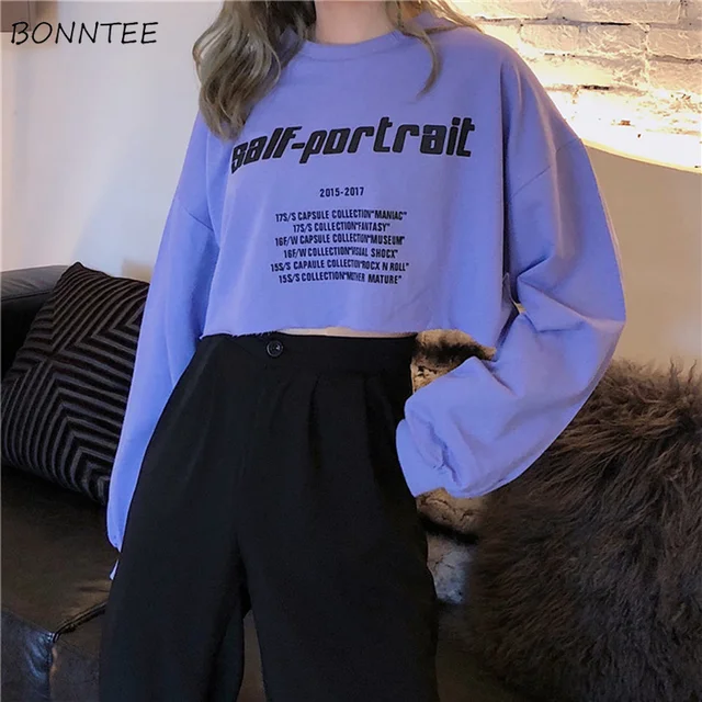 US $8.88 Hoodies Women Cotton Short Elegant Sweet Chic Letter Printed Sweatshirt Lady Korean Loose All-match