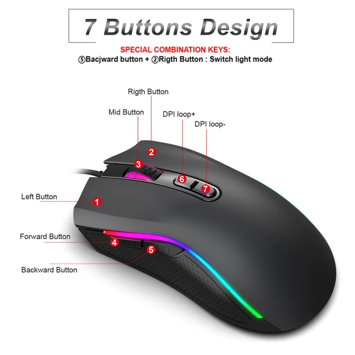 6 Регулируемая проводная мышь dpi 7 ключ макро Программирование RGB светильник офисные ПК игры мыши SGA998