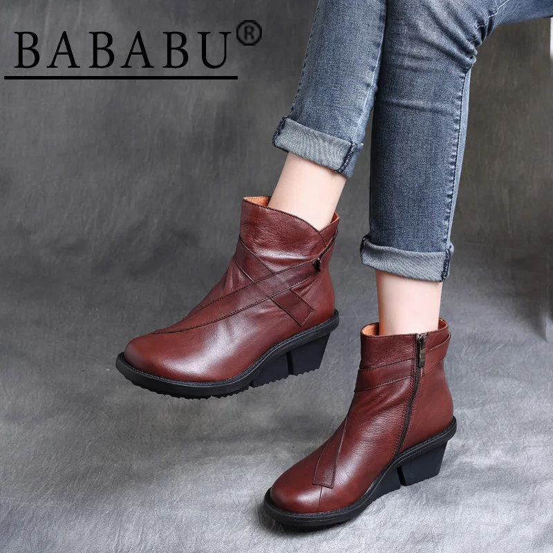 

2019 autumn and winter new national style retro leather side zipper platform boots