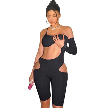 

2020 Summer New Women's Sexy Openwork Slim Exposed Navel Fashion Jumpsuit Women Party Club Sexy black Bodycon Top