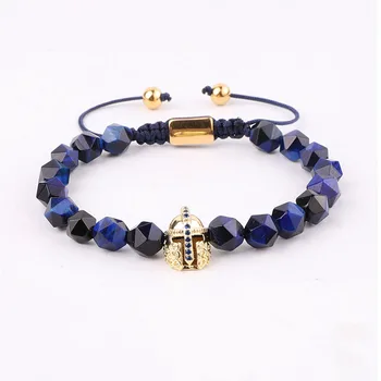 New Design Natural Stone Beads Faceted Blue Tiger Eye CZ Helmet Charm Macrame Adjustable Bracelet Men