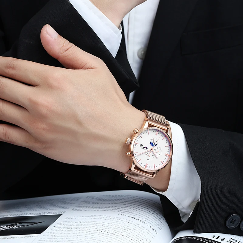 GUANQIN GJ16045 часы люксовый бренд Moon Phase Многофункциональный Автоматический мужские часы Золотая сетка стальной ремешок механические часы