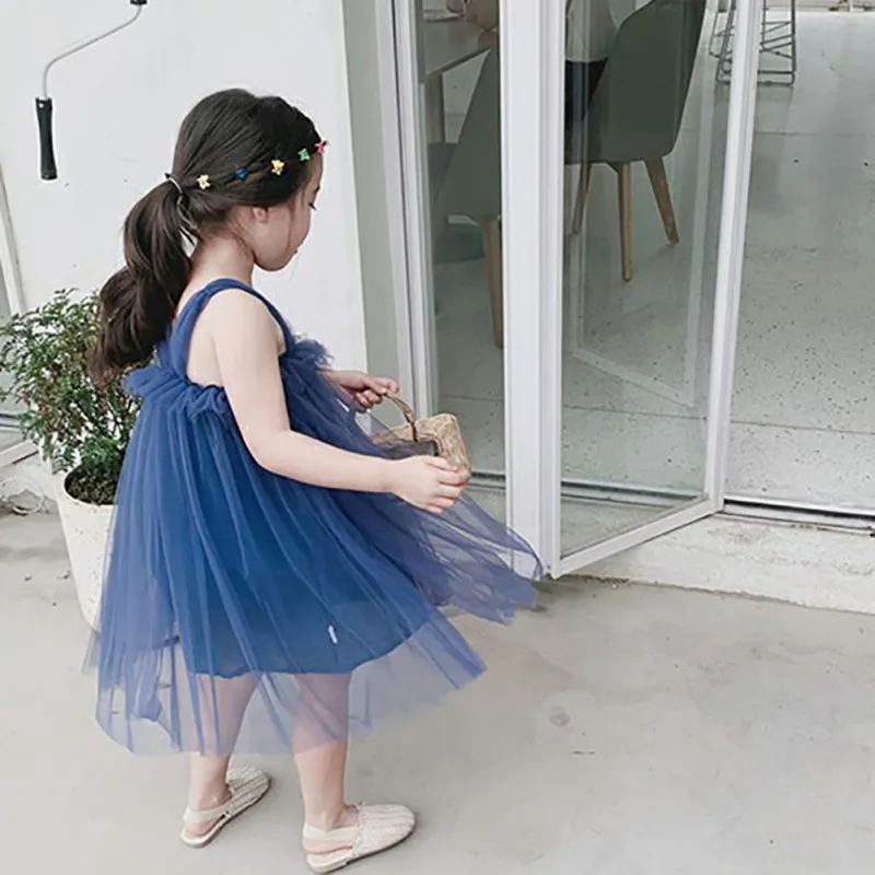 Детское летнее однотонное милое Сетчатое платье без рукавов для девочек; милое нарядное платье принцессы; От 1 до 7 лет; Милая одежда для маленьких девочек
