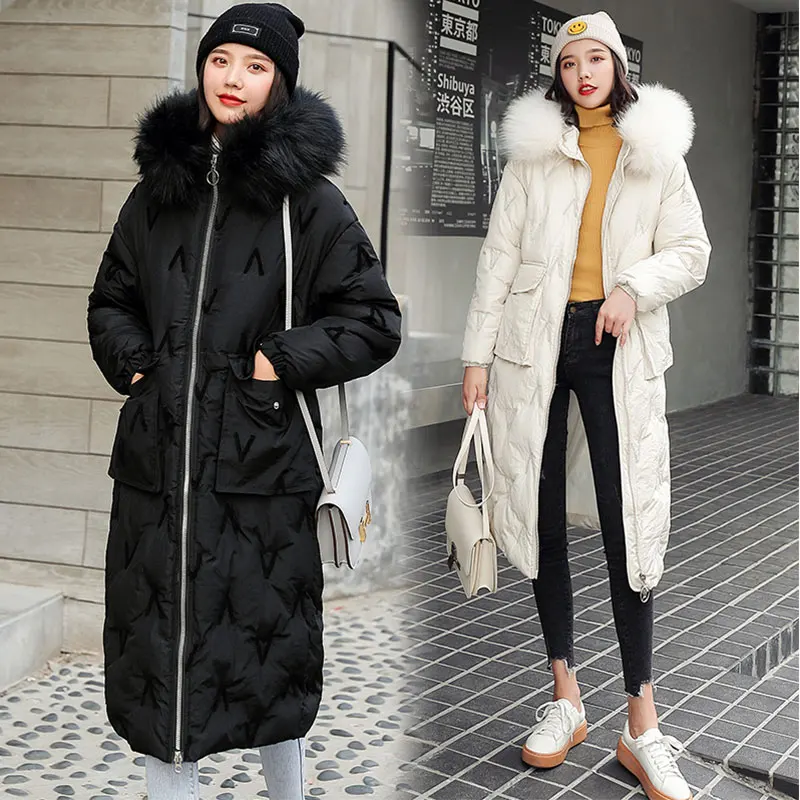 Koop Lange Hooded Bontjas V Borduren Winter Down Jas Vrouwen Oversize Jacket Katoen Gevoerde Gewatteerd Parka Wind Breaker Mouwen