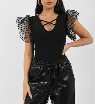 

2020 hirigin New Women Bodysuit Lace Mesh Sleeve Bodycon Leotard Tops Sexy V-Neck Skinny Bodysuit Female Flare Sleeve Bodysuit
